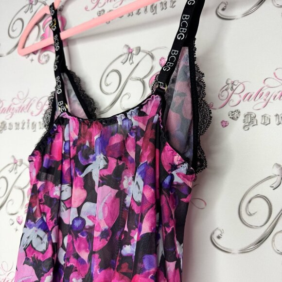 Bcbg tank top crop floral mesh black pink purple white logo straps sexy cute - Picture 4 of 9